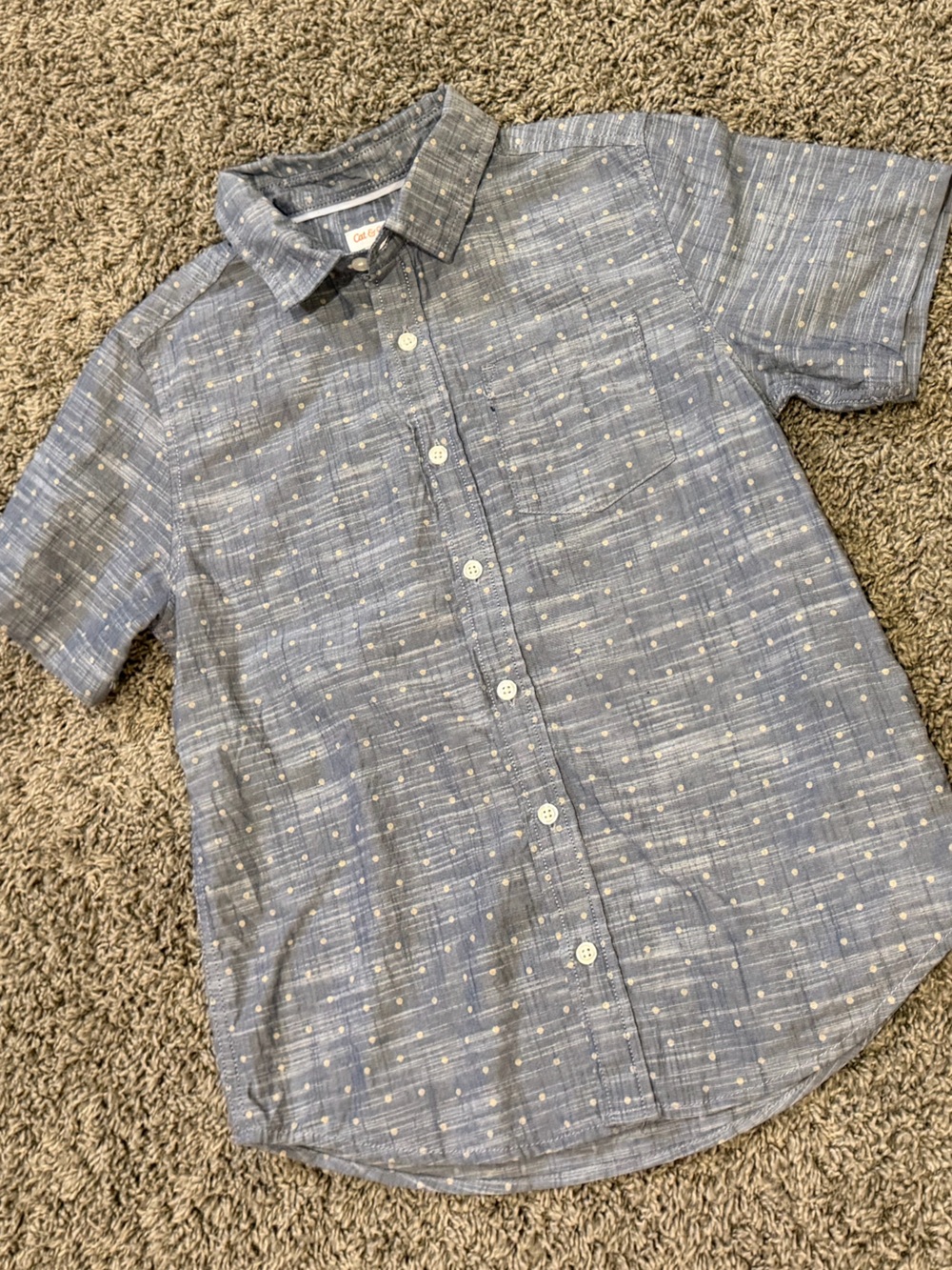 5/$25 blue chambray Short Sleeve Button-Up Shirt with Subtle Dot Pattern, 10-12